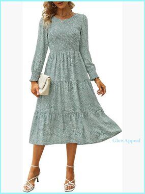 Long Sleeve Smocked Midi Dress with Pockets, Floral Tiered Boho Style